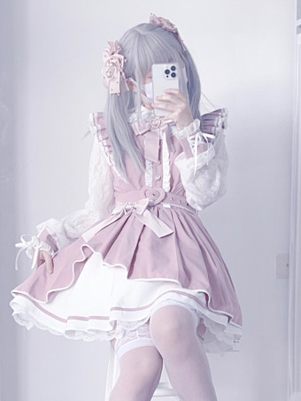 ライトピンク  ゴシックロリータドレス フリル 蝶結び レース イレギュラードレス 6色 長袖ドレス