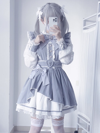 ライトグレー   ゴシックロリータドレス フリル 蝶結び レース イレギュラードレス 6色 長袖ドレス
