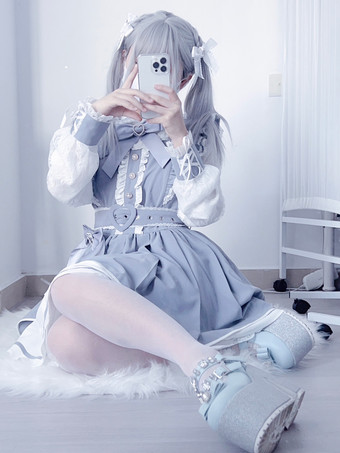   ゴシックロリータドレス フリル 蝶結び レース イレギュラードレス 6色 長袖ドレス