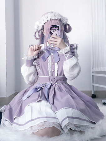ラベンダーカラー  ゴシックロリータドレス フリル 蝶結び レース イレギュラードレス 6色 長袖ドレス