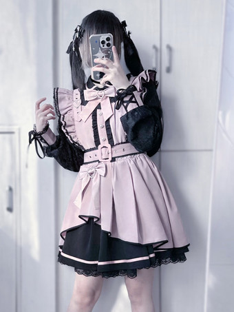 ピンク  ゴシックロリータドレス フリル 蝶結び レース イレギュラードレス 6色 長袖ドレス