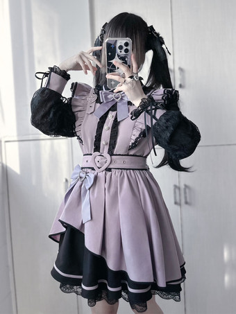 パープル   ゴシックロリータドレス フリル 蝶結び レース イレギュラードレス 6色 長袖ドレス