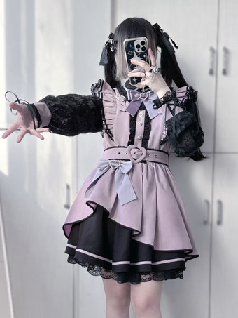   ゴシックロリータドレス フリル 蝶結び レース イレギュラードレス 6色 長袖ドレス