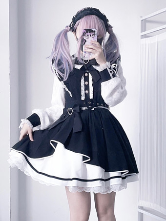 ブラック   ゴシックロリータドレス フリル 蝶結び レース イレギュラードレス 6色 長袖ドレス