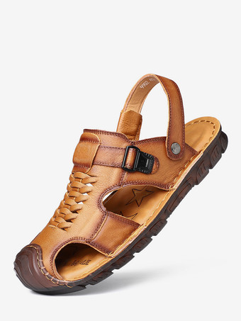 ブラウンメンズサンダル レザー クローズドトゥ アウトドア ウォーキングサンダル 夏用 滑り止め ビーチサンダル