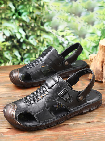 ブラック メンズサンダル レザー クローズドトゥ アウトドア ウォーキングサンダル 夏用 滑り止め ビーチサンダル