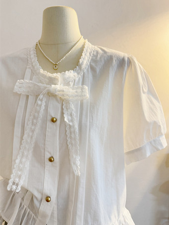 スイートロリータブラウス、フリル、リボン、半袖ブラウス、ロリータトップ、ライトスカイブルーロリータシャツ