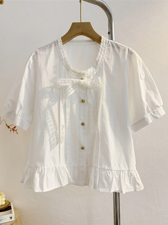 ホワイト スイートロリータブラウス、フリル、リボン、半袖ブラウス、ロリータトップ、ライトスカイブルーロリータシャツ