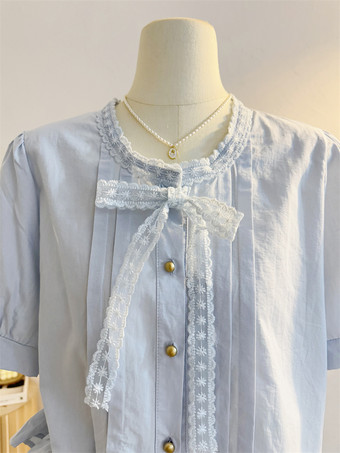 スイートロリータブラウス、フリル、リボン、半袖ブラウス、ロリータトップ、ライトスカイブルーロリータシャツ