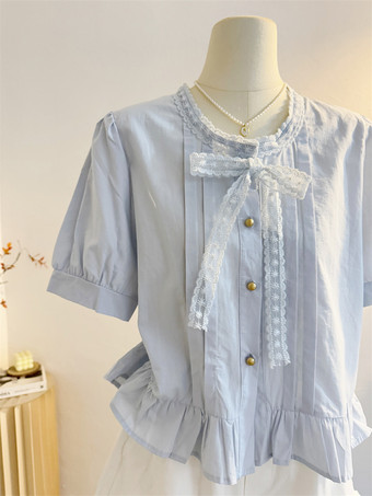 スイートロリータブラウス、フリル、リボン、半袖ブラウス、ロリータトップ、ライトスカイブルーロリータシャツ