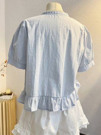 スイートロリータブラウス、フリル、リボン、半袖ブラウス、ロリータトップ、ライトスカイブルーロリータシャツ