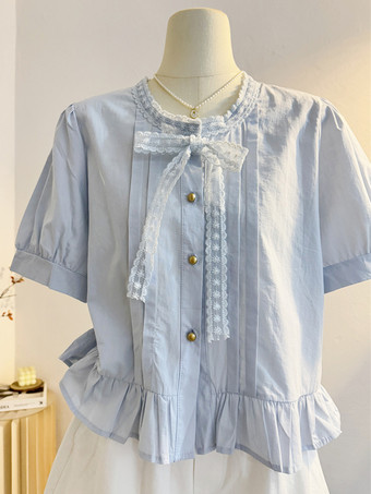 ライトスカイブルースイートロリータブラウス、フリル、リボン、半袖ブラウス、ロリータトップ、ライトスカイブルーロリータシャツ