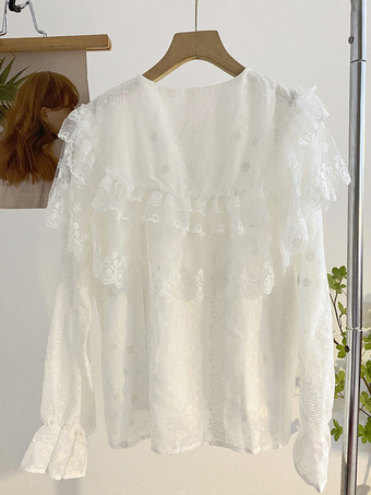 アカデミックロリータブラウス ロリータトップス レースフリル 長袖ブラウス ホワイトロリータシャツ
