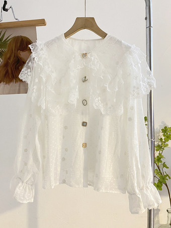 アカデミックロリータブラウス ロリータトップス レースフリル 長袖ブラウス ホワイトロリータシャツ