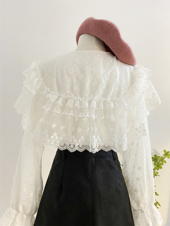 アカデミックロリータブラウス ロリータトップス レースフリル 長袖ブラウス ホワイトロリータシャツ