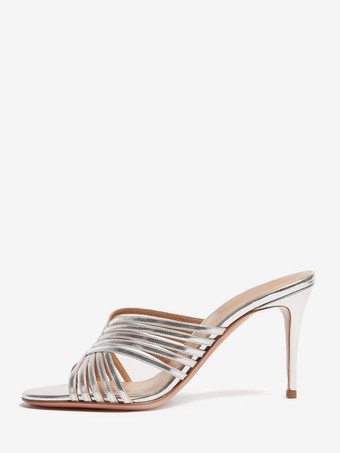 シルバー ハイヒールミュール、オープントゥ、ストラップ付きスティレットヒール、パーティーシューズ