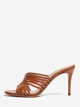 ブラウンハイヒールミュール、オープントゥ、ストラップ付きスティレットヒール、パーティーシューズ