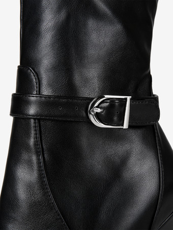 ブラックのオーバーニーブーツ プラットフォームバックルディテール ハイヒールブーツ