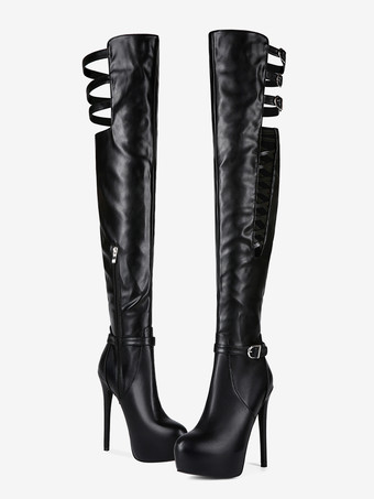 ブラックのオーバーニーブーツ プラットフォームバックルディテール ハイヒールブーツ