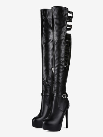 ブラックのオーバーニーブーツ プラットフォームバックルディテール ハイヒールブーツ