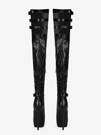 ブラックのオーバーニーブーツ プラットフォームバックルディテール ハイヒールブーツ