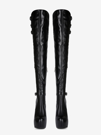 ブラックのオーバーニーブーツ プラットフォームバックルディテール ハイヒールブーツ