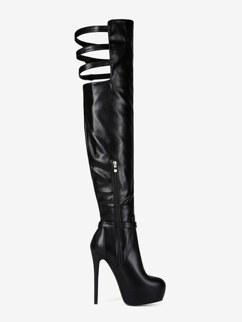 ブラックのオーバーニーブーツ プラットフォームバックルディテール ハイヒールブーツ