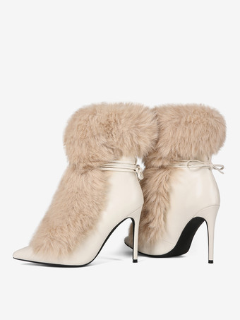 レディース アンクルブーツ フェイクファー ポインテッドトゥ ハイヒール ブーティ