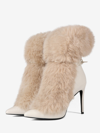 レディース アンクルブーツ フェイクファー ポインテッドトゥ ハイヒール ブーティ