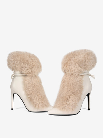 レディース アンクルブーツ フェイクファー ポインテッドトゥ ハイヒール ブーティ
