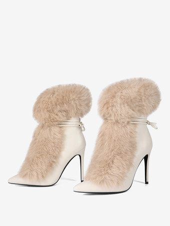 アイボリー レディース アンクルブーツ フェイクファー ポインテッドトゥ ハイヒール ブーティ