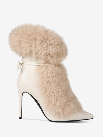 レディース アンクルブーツ フェイクファー ポインテッドトゥ ハイヒール ブーティ