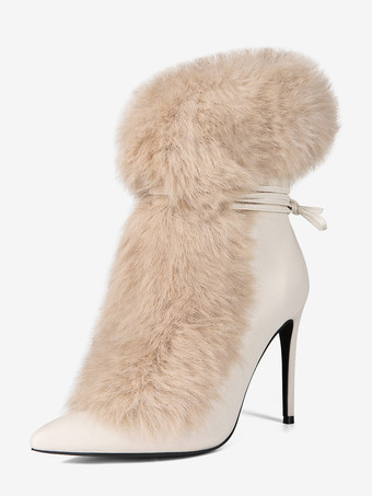 レディース アンクルブーツ フェイクファー ポインテッドトゥ ハイヒール ブーティ