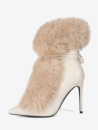 レディース アンクルブーツ フェイクファー ポインテッドトゥ ハイヒール ブーティ