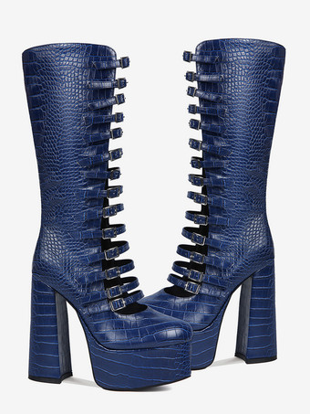 ニーハイブーツ ブルー プラットフォーム プラスサイズ バックルディテール チャンキーヒールブーツ