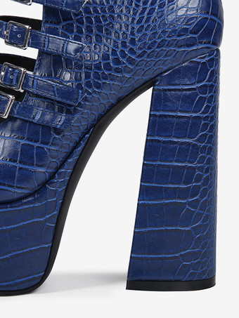 ニーハイブーツ ブルー プラットフォーム プラスサイズ バックルディテール チャンキーヒールブーツ