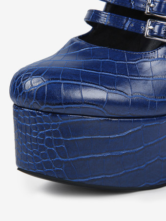 ニーハイブーツ ブルー プラットフォーム プラスサイズ バックルディテール チャンキーヒールブーツ