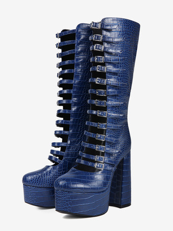 ニーハイブーツ ブルー プラットフォーム プラスサイズ バックルディテール チャンキーヒールブーツ