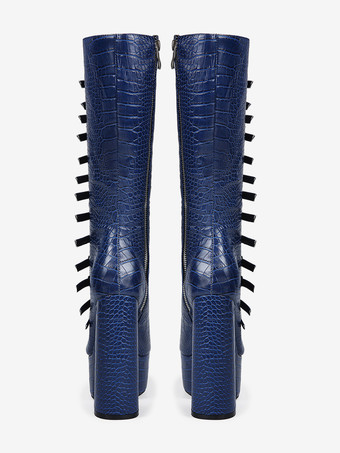 ニーハイブーツ ブルー プラットフォーム プラスサイズ バックルディテール チャンキーヒールブーツ