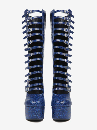 ニーハイブーツ ブルー プラットフォーム プラスサイズ バックルディテール チャンキーヒールブーツ