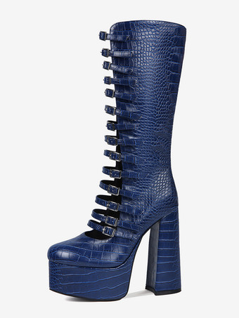 ニーハイブーツ ブルー プラットフォーム プラスサイズ バックルディテール チャンキーヒールブーツ