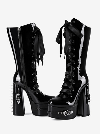 ブラックニーハイブーツ プラットフォームバックルディテール レースアップ チャンキーヒールブーツ