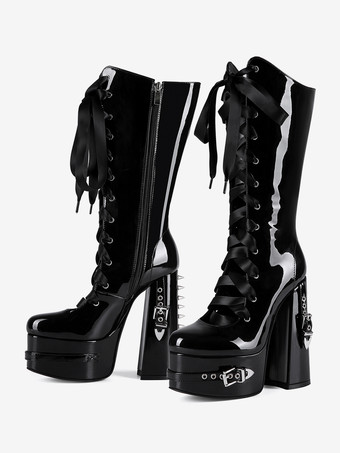 ブラックニーハイブーツ プラットフォームバックルディテール レースアップ チャンキーヒールブーツ