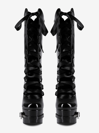 ブラックニーハイブーツ プラットフォームバックルディテール レースアップ チャンキーヒールブーツ