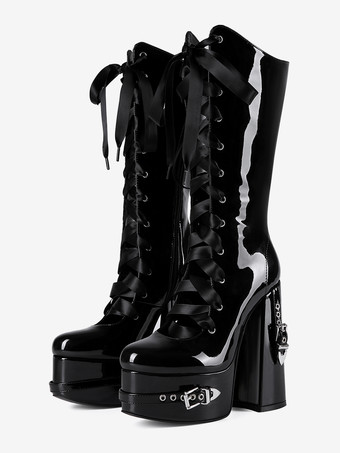 ブラックニーハイブーツ プラットフォームバックルディテール レースアップ チャンキーヒールブーツ
