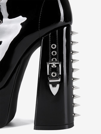 ブラックニーハイブーツ プラットフォームバックルディテール レースアップ チャンキーヒールブーツ