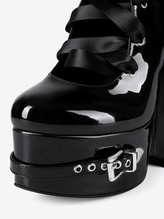 ブラックニーハイブーツ プラットフォームバックルディテール レースアップ チャンキーヒールブーツ