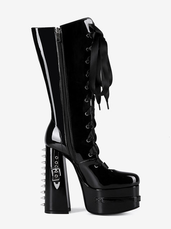 ブラックニーハイブーツ プラットフォームバックルディテール レースアップ チャンキーヒールブーツ