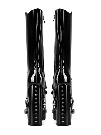 ブラックニーハイブーツ プラットフォームバックルディテール レースアップ チャンキーヒールブーツ