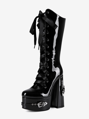 ブラック ブラックニーハイブーツ プラットフォームバックルディテール レースアップ チャンキーヒールブーツ